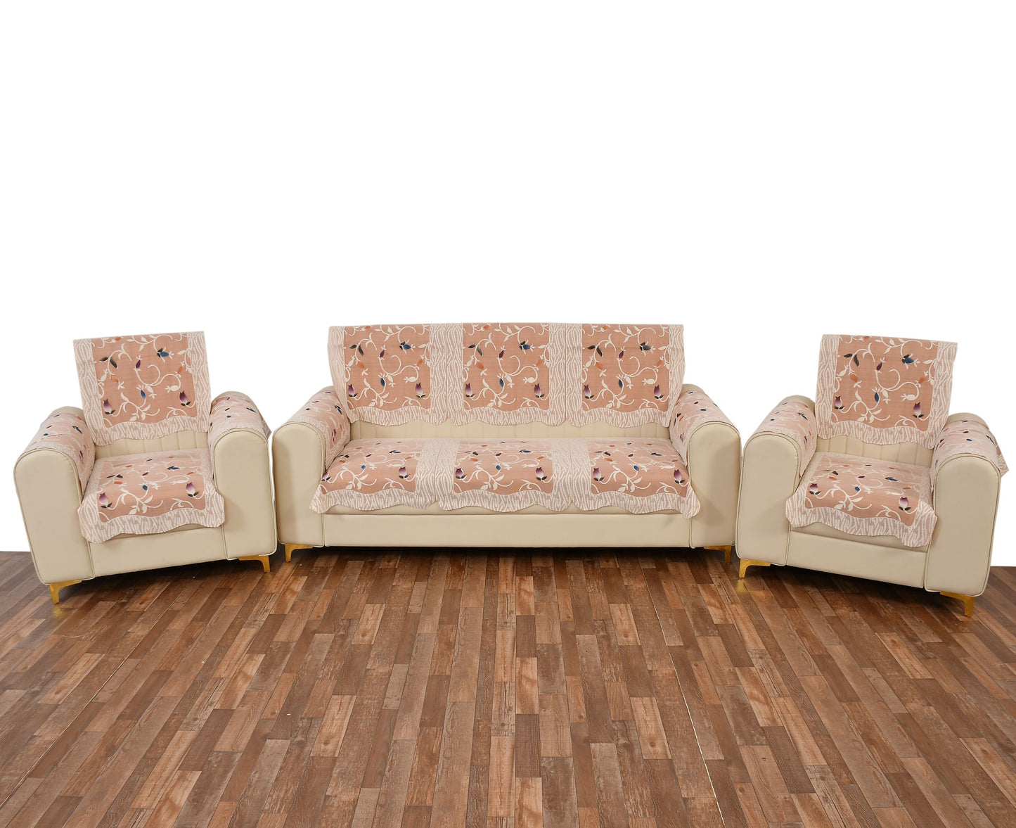 Bigger Fish Poly Cotton Net Fabric Floral Design 5 Seater Sofa Cover with 6 Pcs Arms Cover - 16 Pieces (Rust)