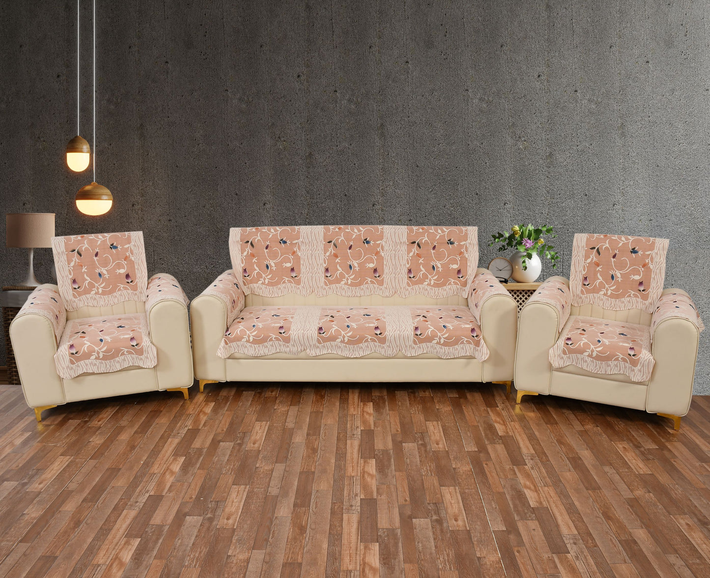 Bigger Fish Poly Cotton Net Fabric Floral Design 5 Seater Sofa Cover with 6 Pcs Arms Cover - 16 Pieces (Rust)