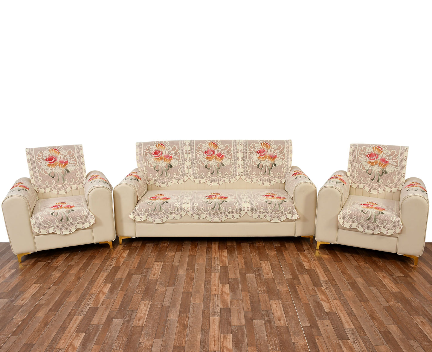 Bigger Fish Poly Cotton Net Fabric Floral Design 5 Seater Sofa Cover with 6 Pcs Arms Cover - 16 Pieces (Rust)