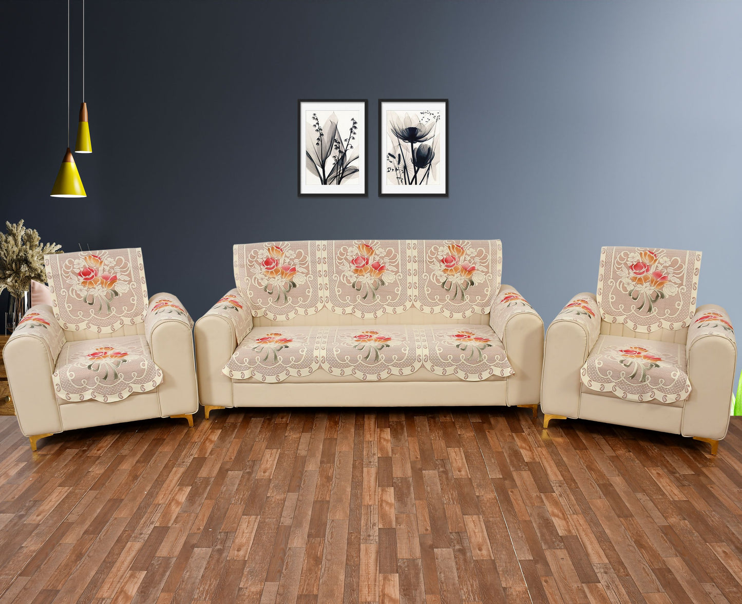 Bigger Fish Poly Cotton Net Fabric Floral Design 5 Seater Sofa Cover with 6 Pcs Arms Cover - 16 Pieces (Rust)