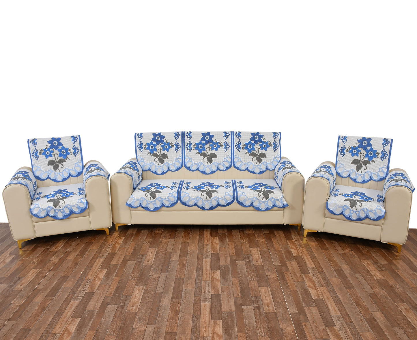 Bigger Fish Poly Cotton Net Fabric Floral Design 5 Seater Sofa Cover with 6 Pcs Arms Cover - 16 Pieces (Blue)