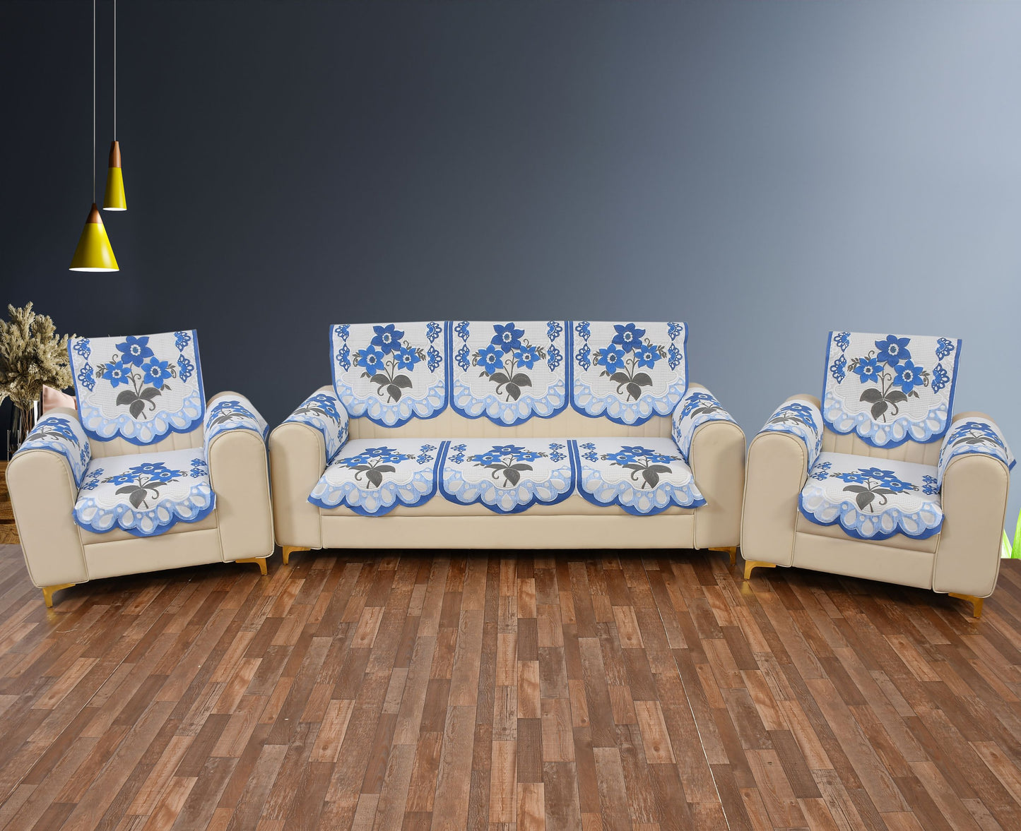 Bigger Fish Poly Cotton Net Fabric Floral Design 5 Seater Sofa Cover with 6 Pcs Arms Cover - 16 Pieces (Blue)