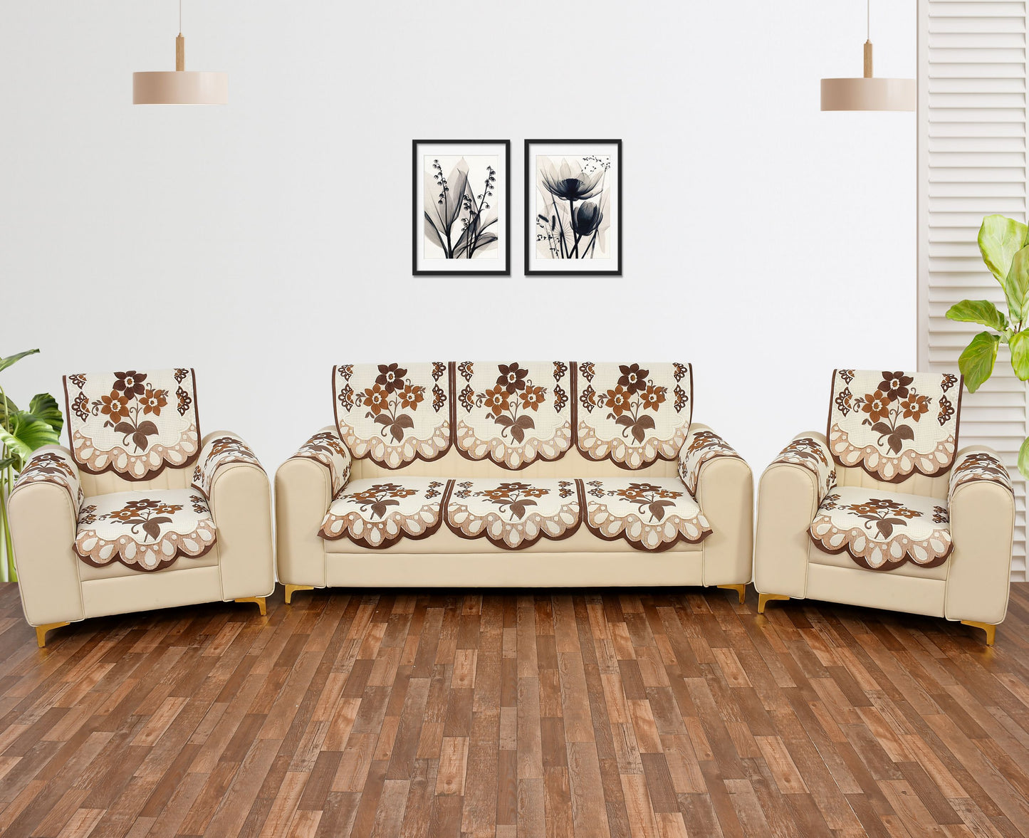 Bigger Fish Poly Cotton Net Fabric Floral Design 5 Seater Sofa Cover with 6 Pcs Arms Cover - 16 Pieces (Brown)