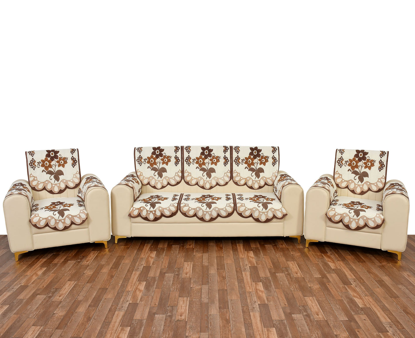 Bigger Fish Poly Cotton Net Fabric Floral Design 5 Seater Sofa Cover with 6 Pcs Arms Cover - 16 Pieces (Brown)