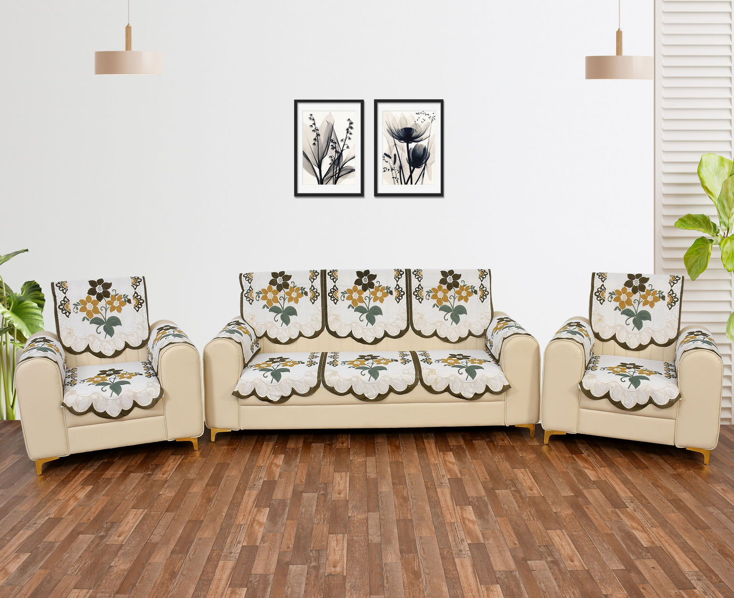 Bigger Fish Poly Cotton Net Fabric Floral Design 5 Seater Sofa Cover with 6 Pcs Arms Cover - 16 Pieces (Green)