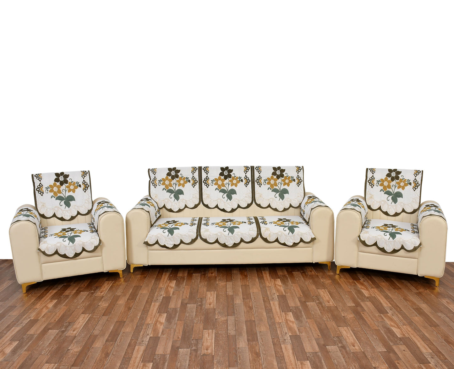 Bigger Fish Poly Cotton Net Fabric Floral Design 5 Seater Sofa Cover with 6 Pcs Arms Cover - 16 Pieces (Green)