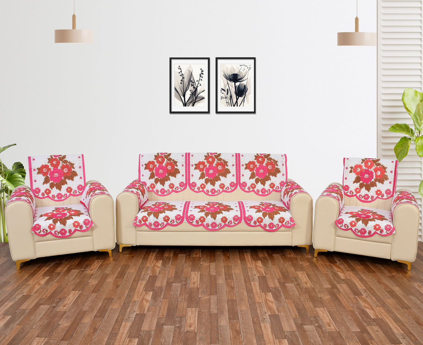 Bigger Fish Poly Cotton Net Fabric Floral Design 5 Seater Sofa Cover with 6 Pcs Arms Cover - 16 Pieces (Pink)