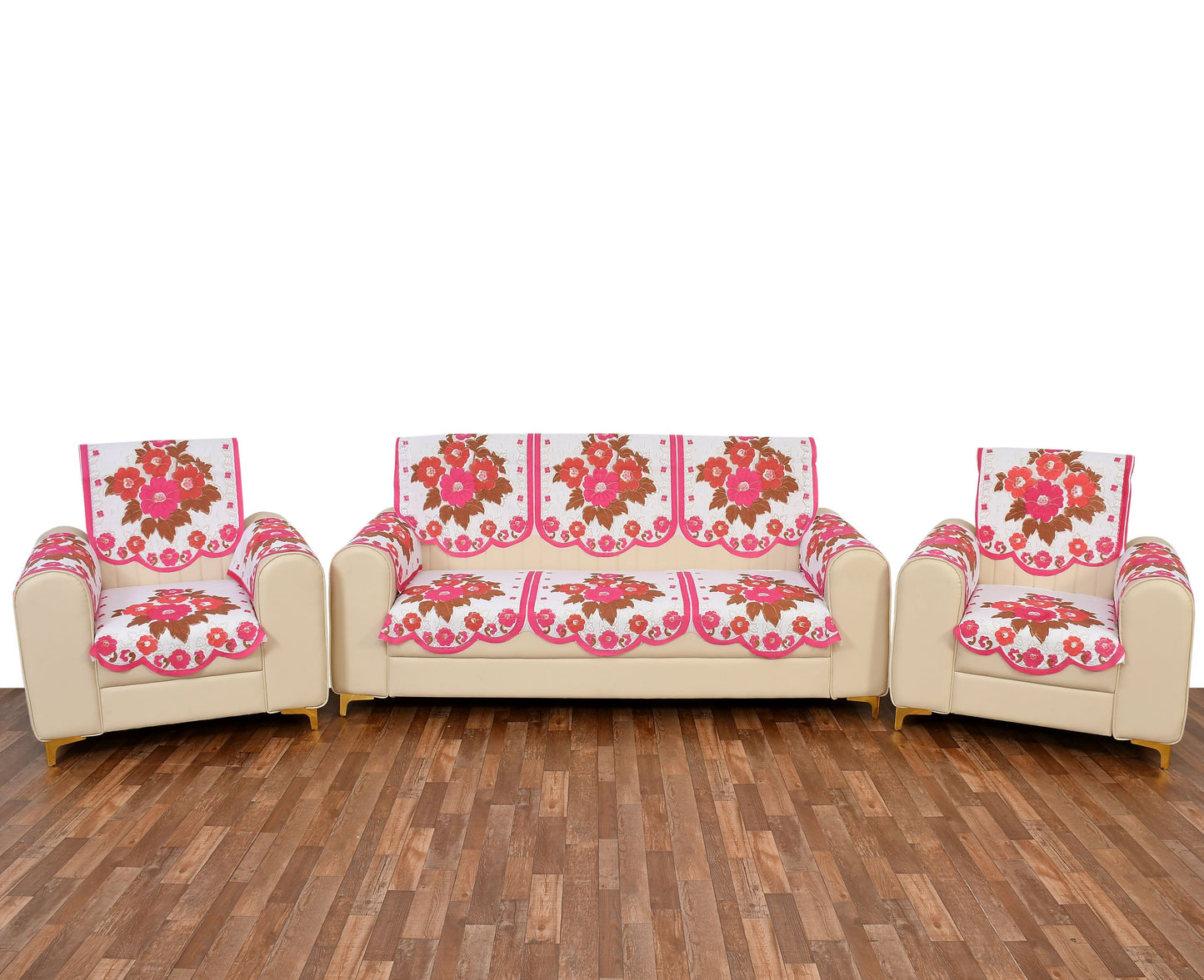 Bigger Fish Poly Cotton Net Fabric Floral Design 5 Seater Sofa Cover with 6 Pcs Arms Cover - 16 Pieces (Pink)