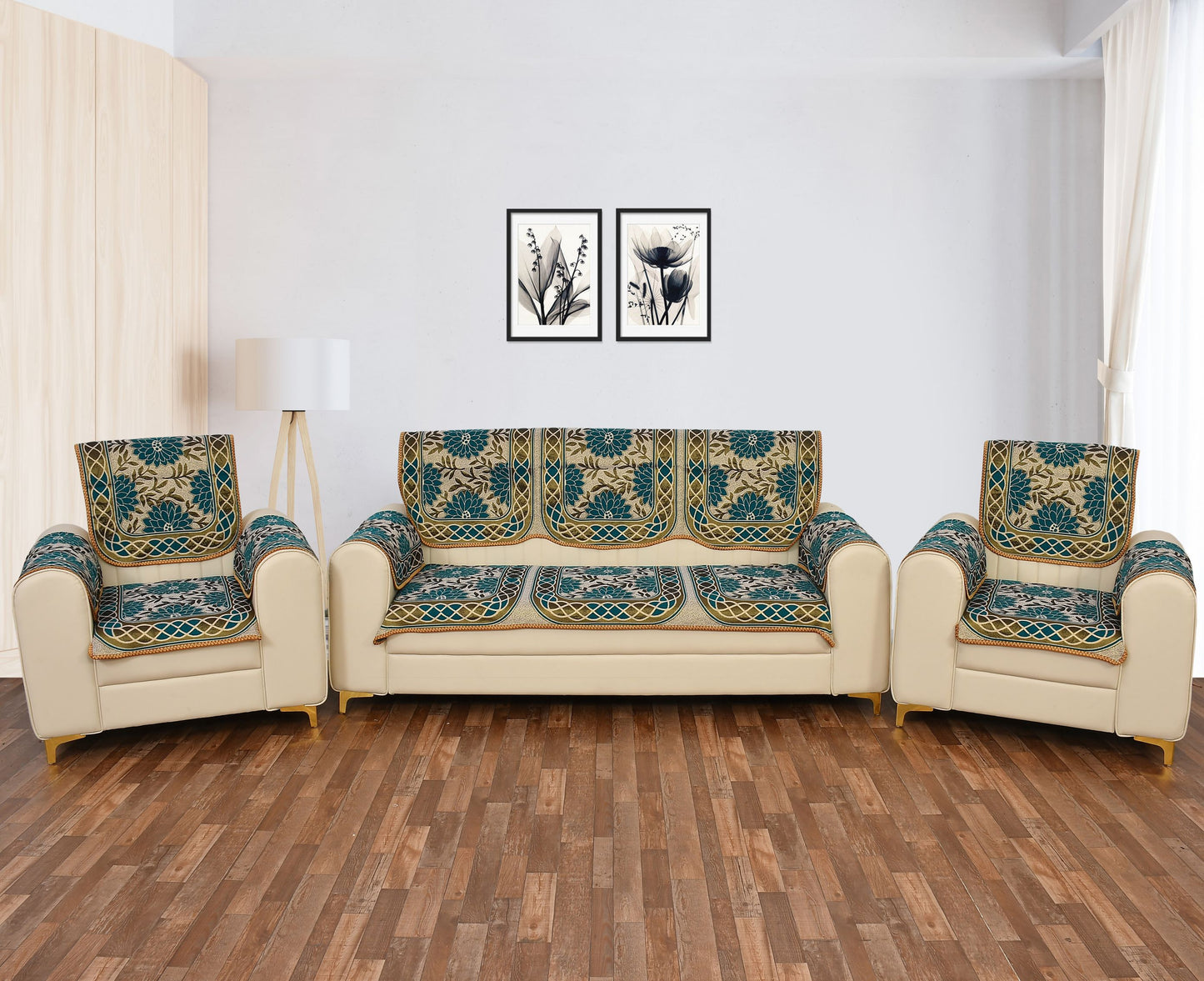 Bigger Fish Poly Cotton Net Fabric Floral Design 5 Seater Sofa Cover with 6 Pcs Arms Cover - 16 Pieces (Green)
