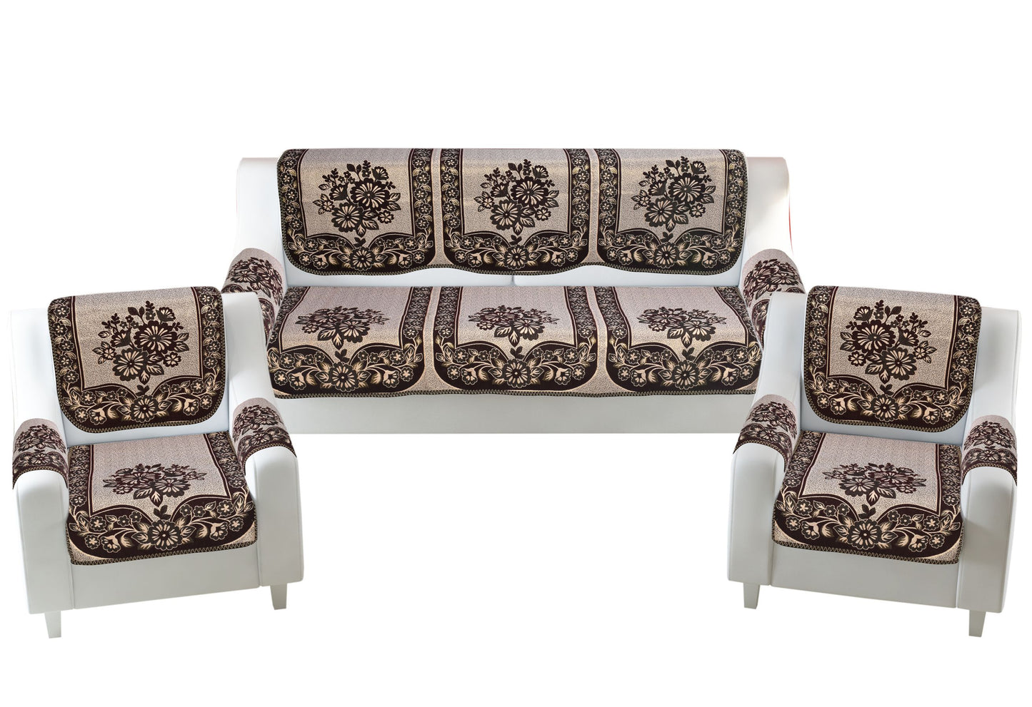 Bigger Fish Poly Cotton Fabric 5 Seater Sofa Cover with 6 Pcs Arms Cover - 16 Pieces (Coffee)
