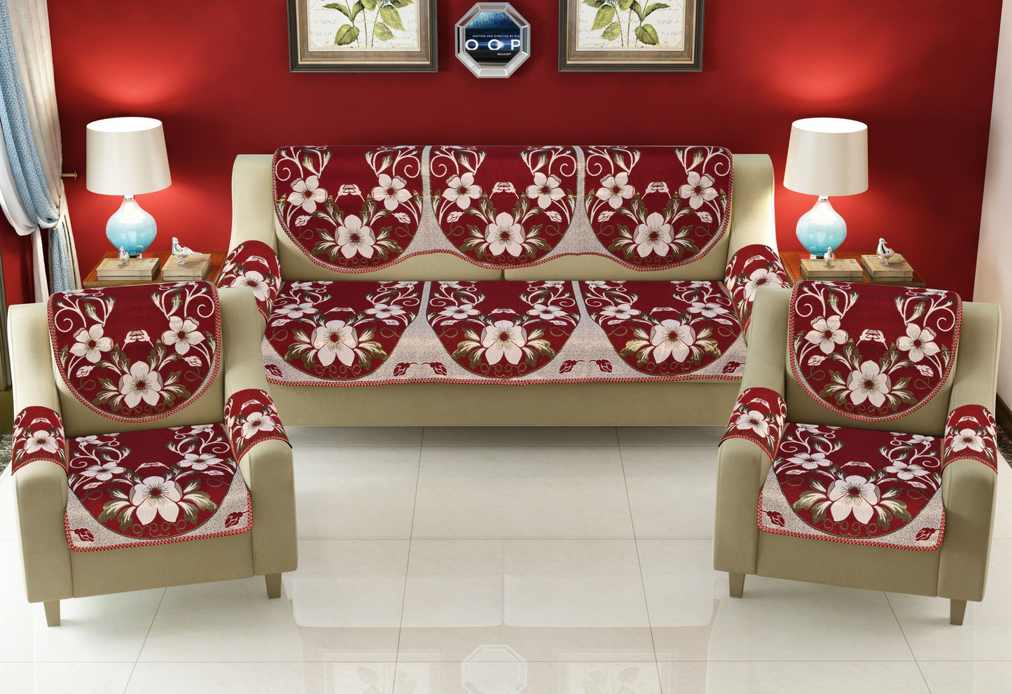 Bigger Fish Poly Cotton Fabric 5 Seater Sofa Cover with 6 Pcs Arms Cover - 16 Pieces (Maroon)