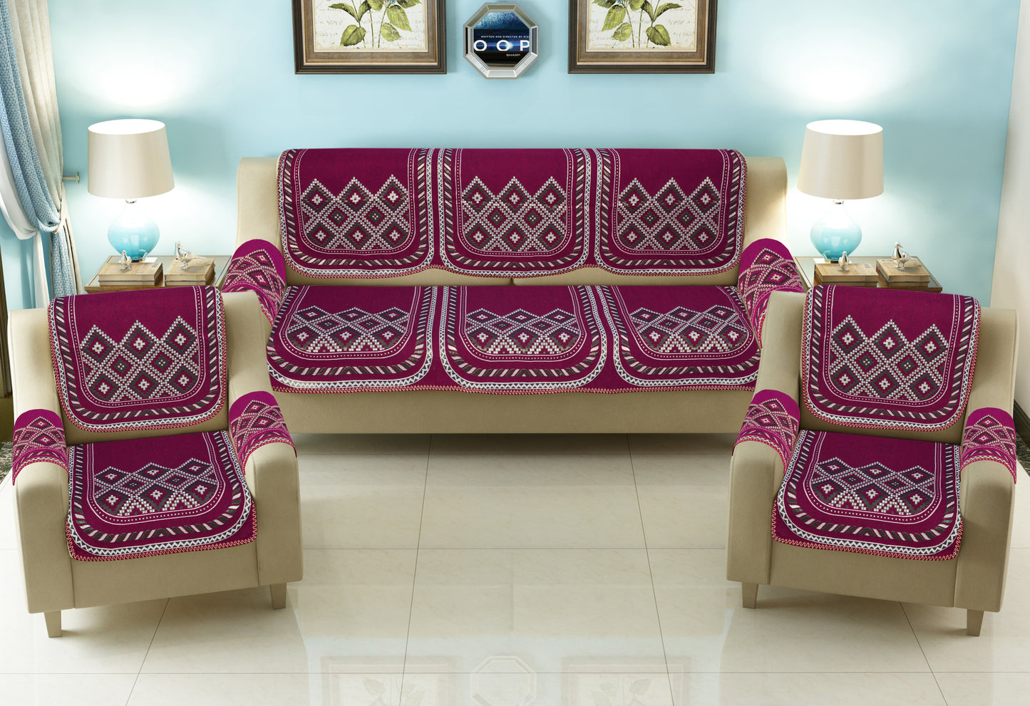 Bigger Fish Cotton Fabric Floral 5 Seater Sofa Cover with 6 Pcs Arms Cover - 16 Pieces (Wine Zara New)