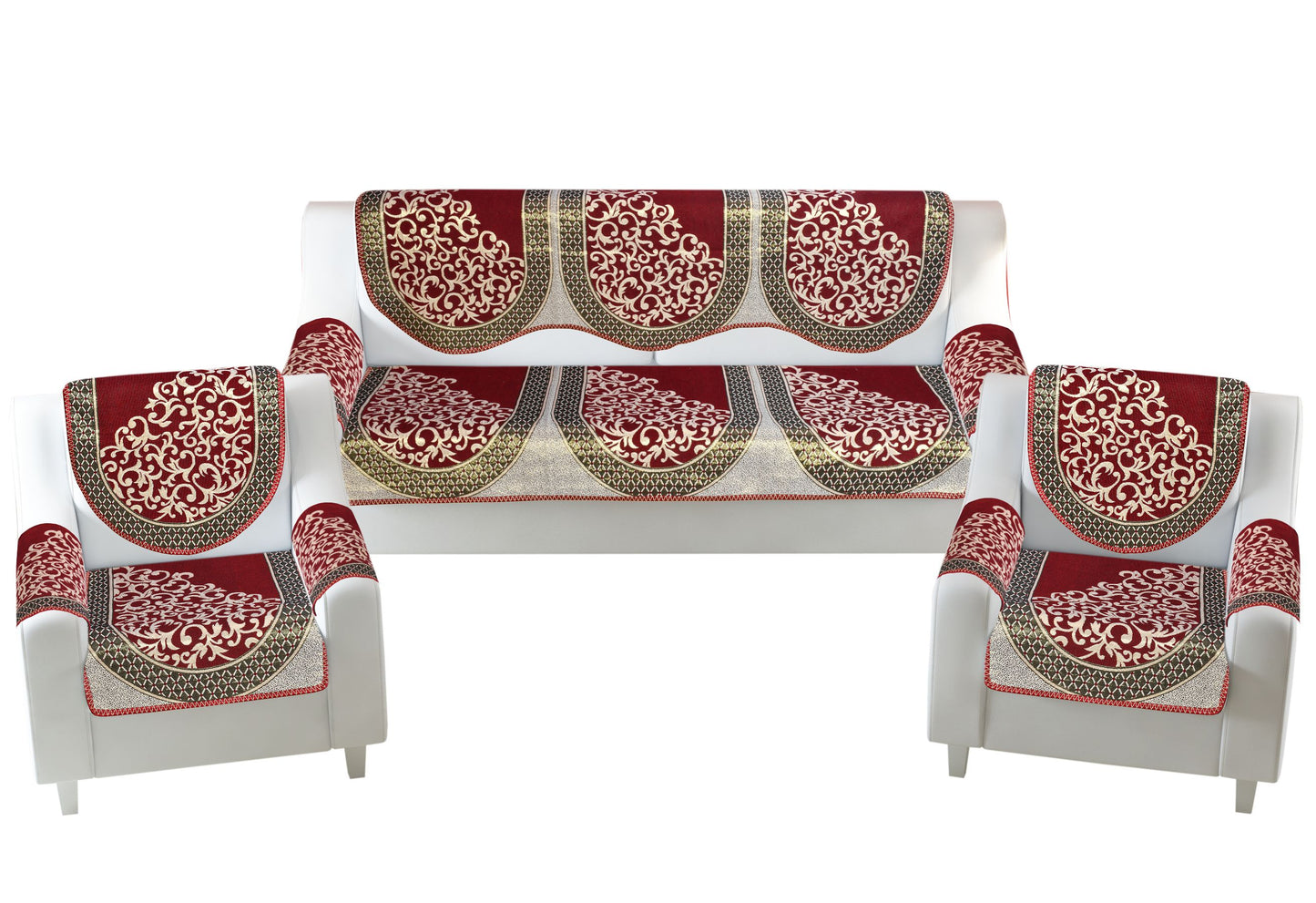 Bigger Fish Poly Cotton Fabric 5 Seater Sofa Cover with 6 Pcs Arms Cover - 16 Pieces (Maroon)