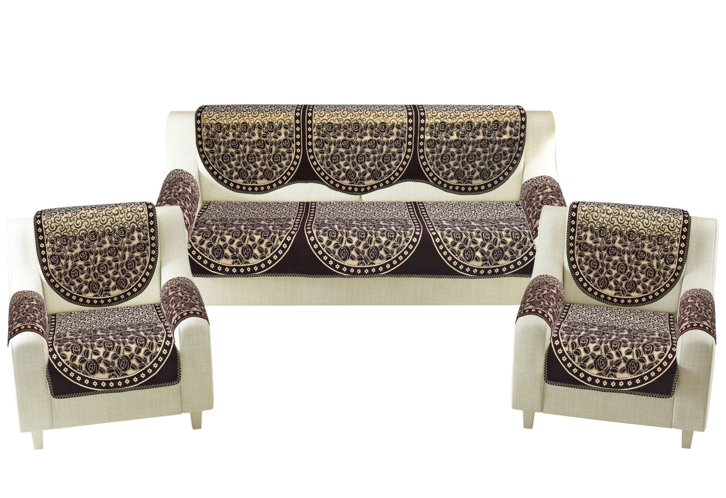 Bigger Fish Poly Cotton Fabric 5 Seater Sofa Cover with 6 Pcs Arms Cover - 16 Pieces (Coffee)