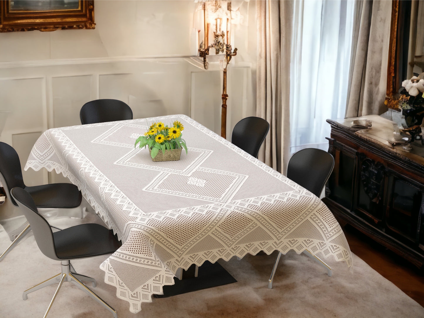 Bigger Fish Poly Cotton Floral 6-8 Seater 60x90 Inch New Jersey Dining Table Cover (White)
