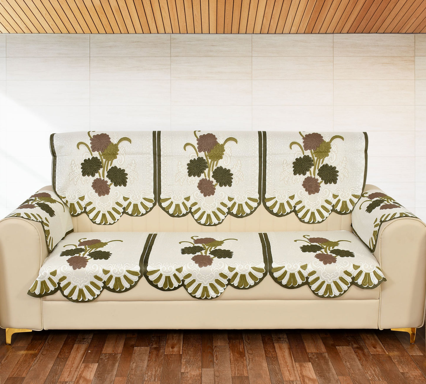 Bigger Fish Poly Cotton Net Fabric Floral Design 5 Seater Sofa Cover with 6 Pcs Arms Cover - 16 Pieces (Green)