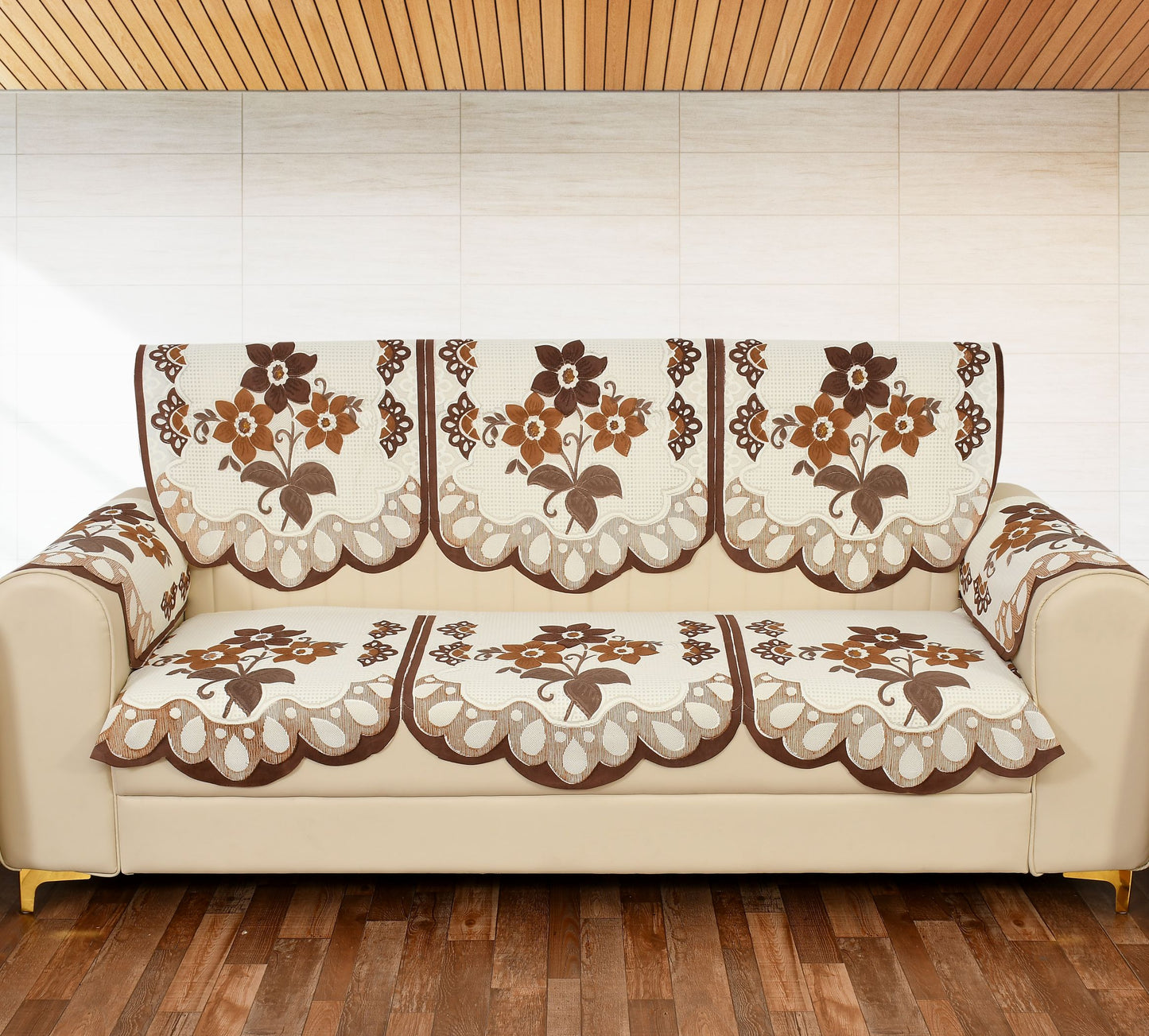 Bigger Fish Poly Cotton Net Fabric Floral Design 5 Seater Sofa Cover with 6 Pcs Arms Cover - 16 Pieces (Brown)