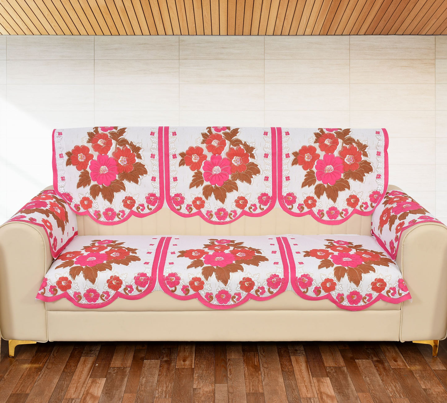 Bigger Fish Poly Cotton Net Fabric Floral Design 5 Seater Sofa Cover with 6 Pcs Arms Cover - 16 Pieces (Pink)