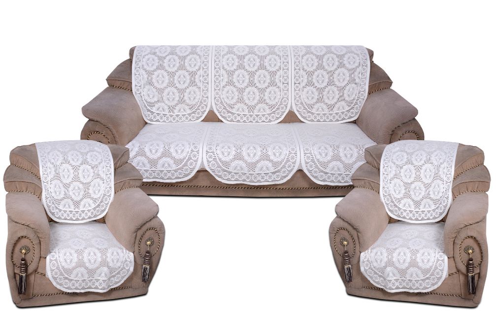 Bigger Fish Poly Cotton Net Fabric 5 Seater Sofa Cover - 10 Pieces (White)
