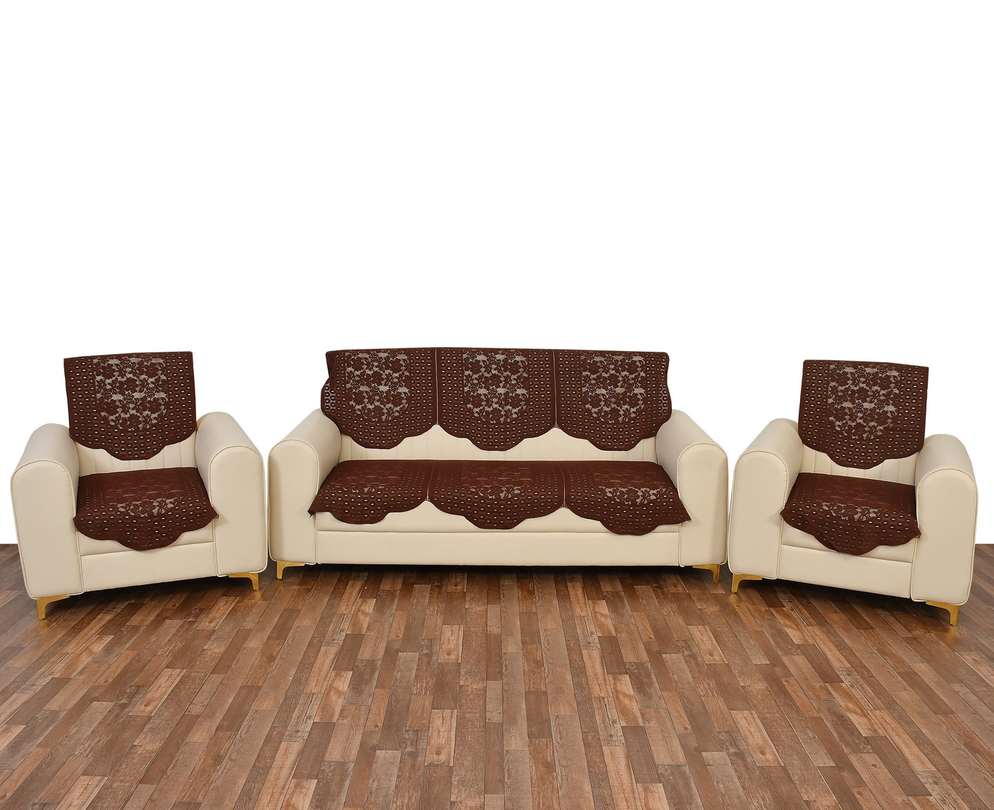 Bigger Fish Poly Cotton Net Fabric Floral 5 Seater Sofa Cover 10 Pieces with 40x60 Center Table Cover Combo (Brown)