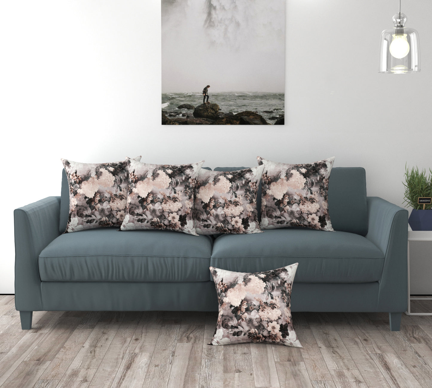 Bigger Fish Set of 5 Printed Velvet Cushion Covers - Grey:Black (16x16 Inches)