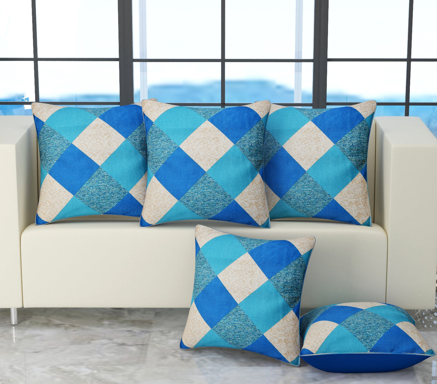 Bigger Fish Set of 5 Digital Print Polycotton Cushion Covers - Blue & Cream (16x16 Inches)