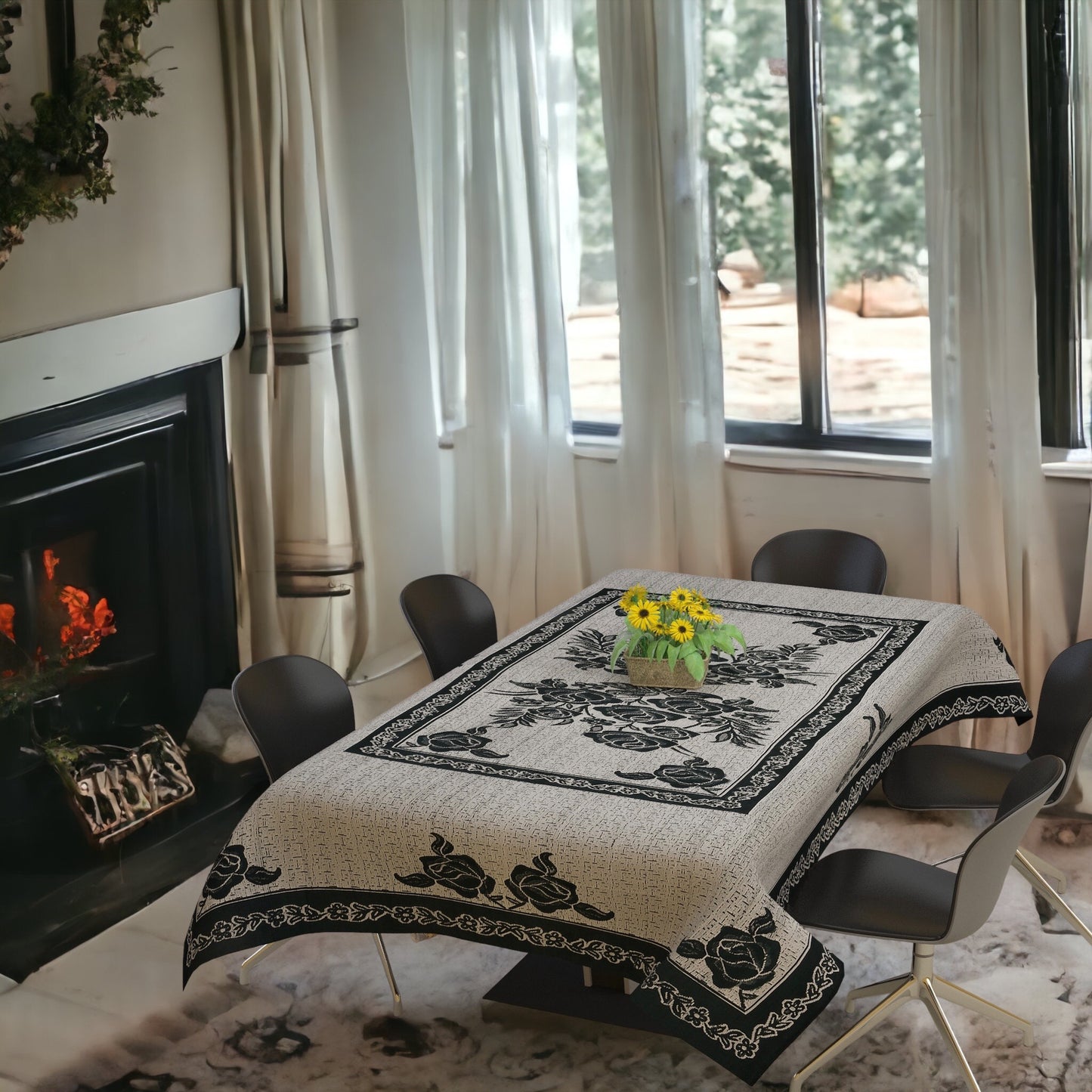 Bigger Fish Polycotton Printed 6-8 Seater Decorative 60x90 Inch Dining Table Cover (Black)