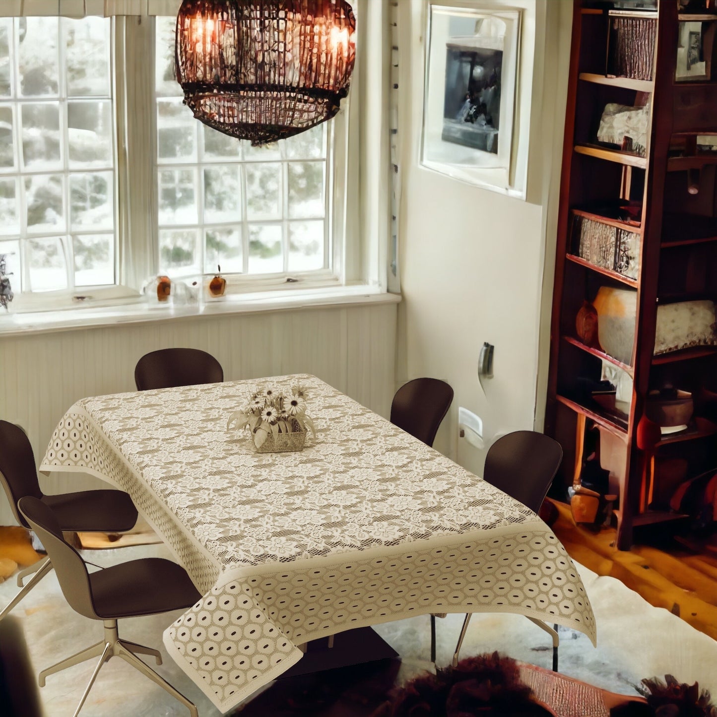 Bigger Fish Polycotton Printed 6-8 Seater Decorative 60x90 Inch Dining Table Cover (Cream)