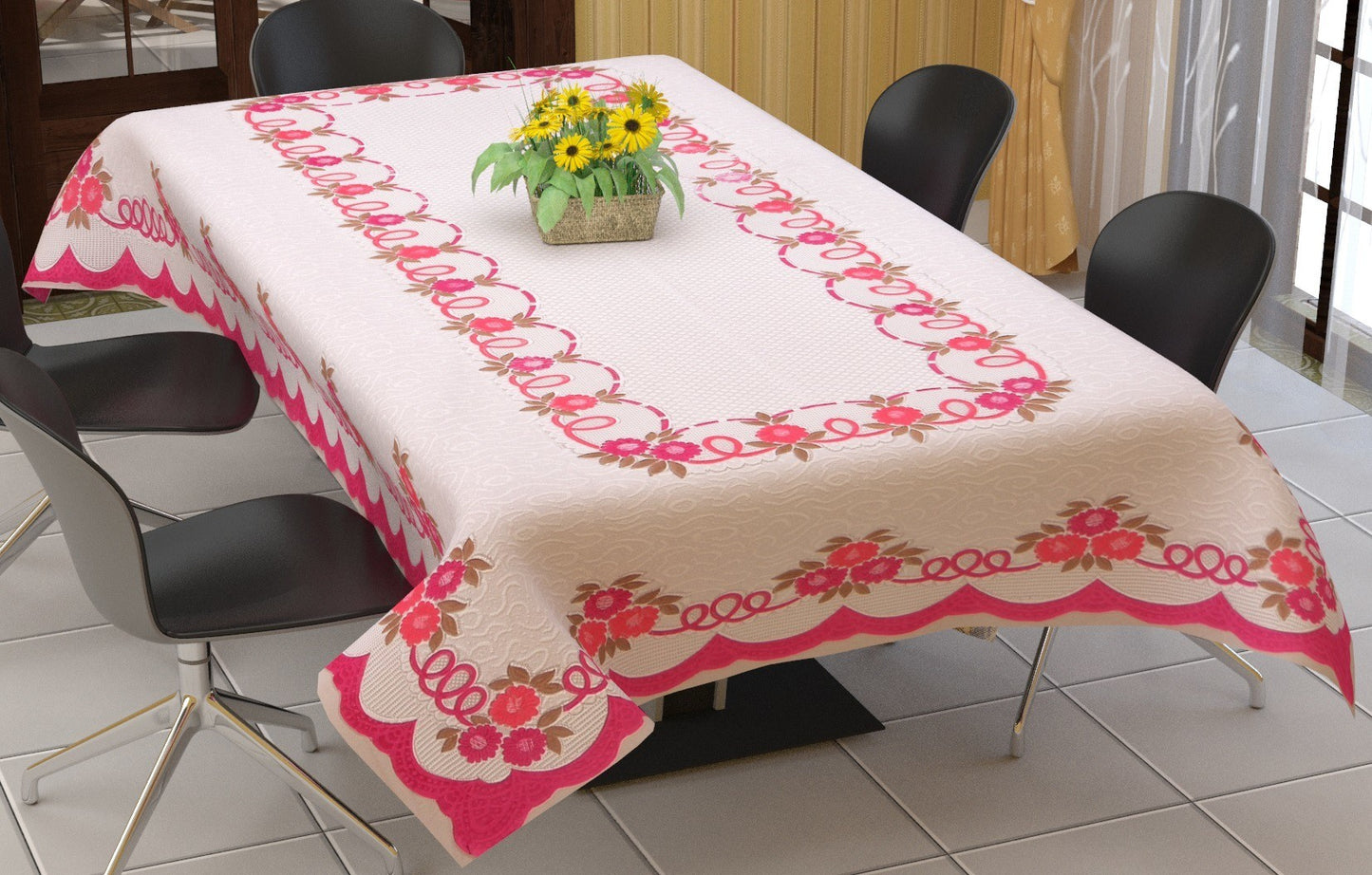 Bigger Fish Poly Cotton , Decorative Hand Made Dining Table Cover for 6 Seater (60 X 90 Inches) (Pink)