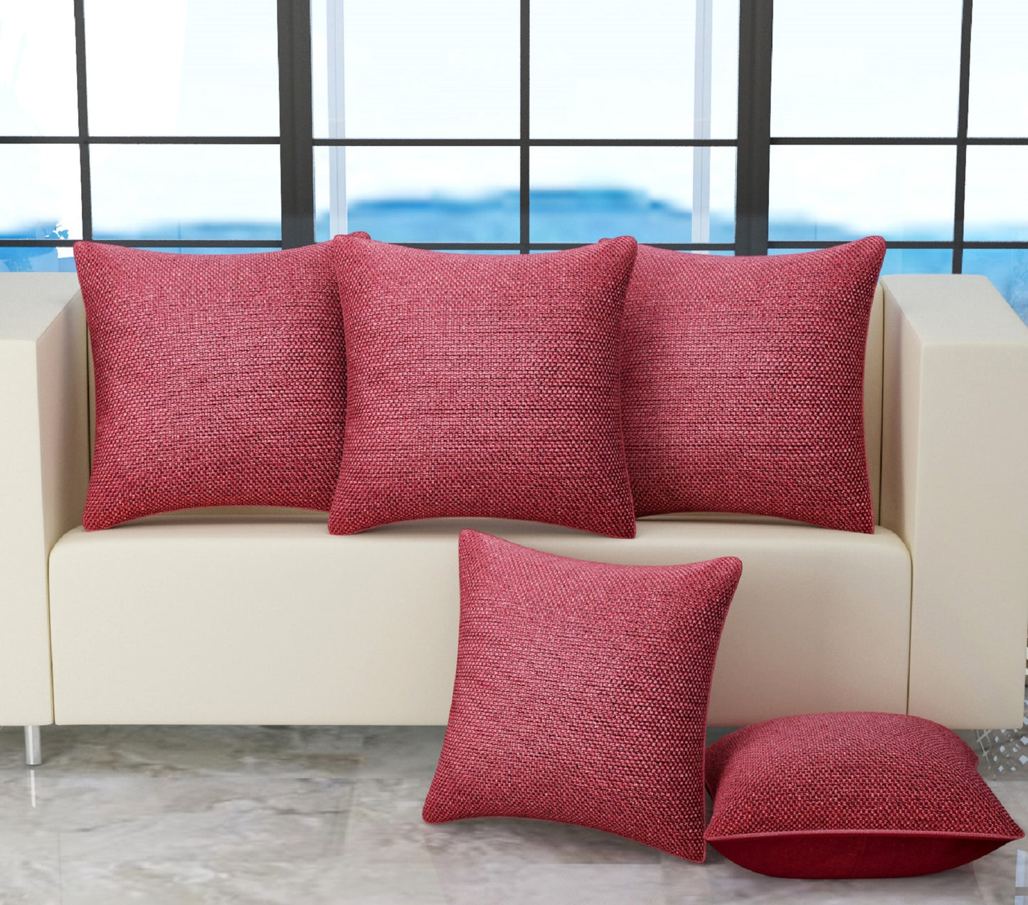 Bigger Fish Set of 5 Plain Jute 16x16 Inches Maroon Cushion Covers