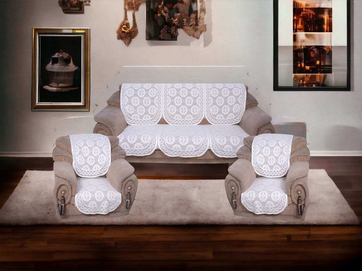 Bigger Fish Poly Cotton Net Fabric 5 Seater Sofa Cover - 10 Pieces (White)