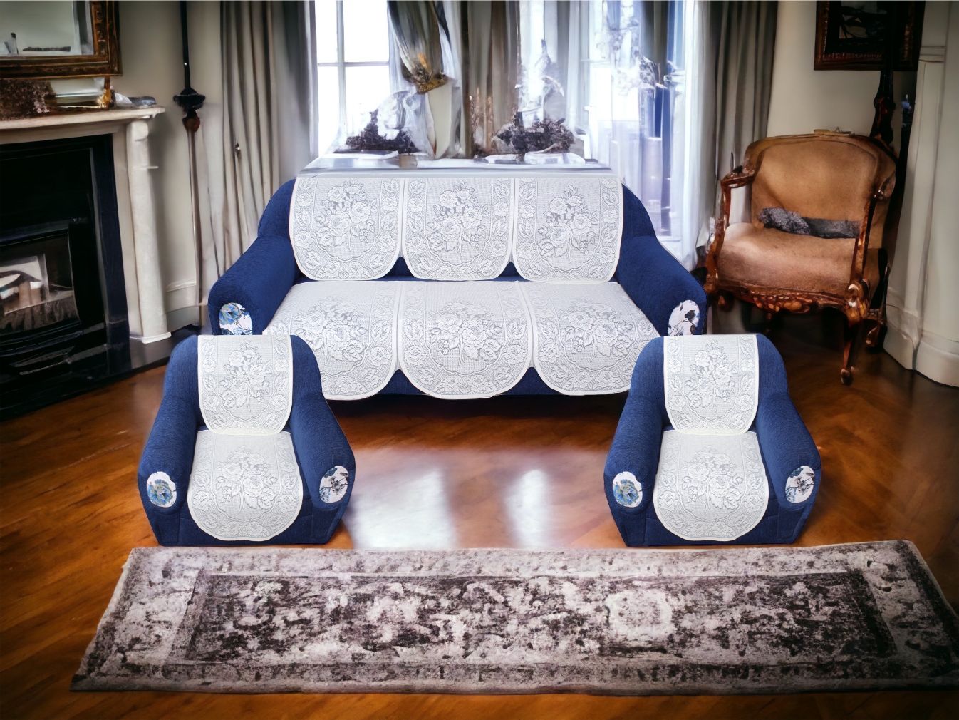 Bigger Fish Poly Cotton Net Fabric 5 Seater Sofa Cover - 10 Pieces (Cream)