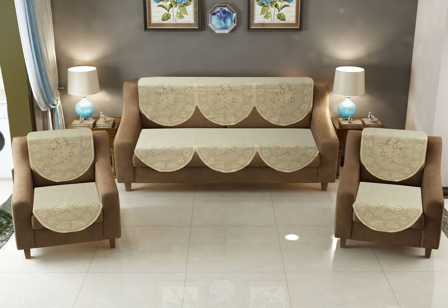 Bigger Fish Poly Cotton Net Fabric 5 Seater Sofa Cover - 10 Pieces (Cream)