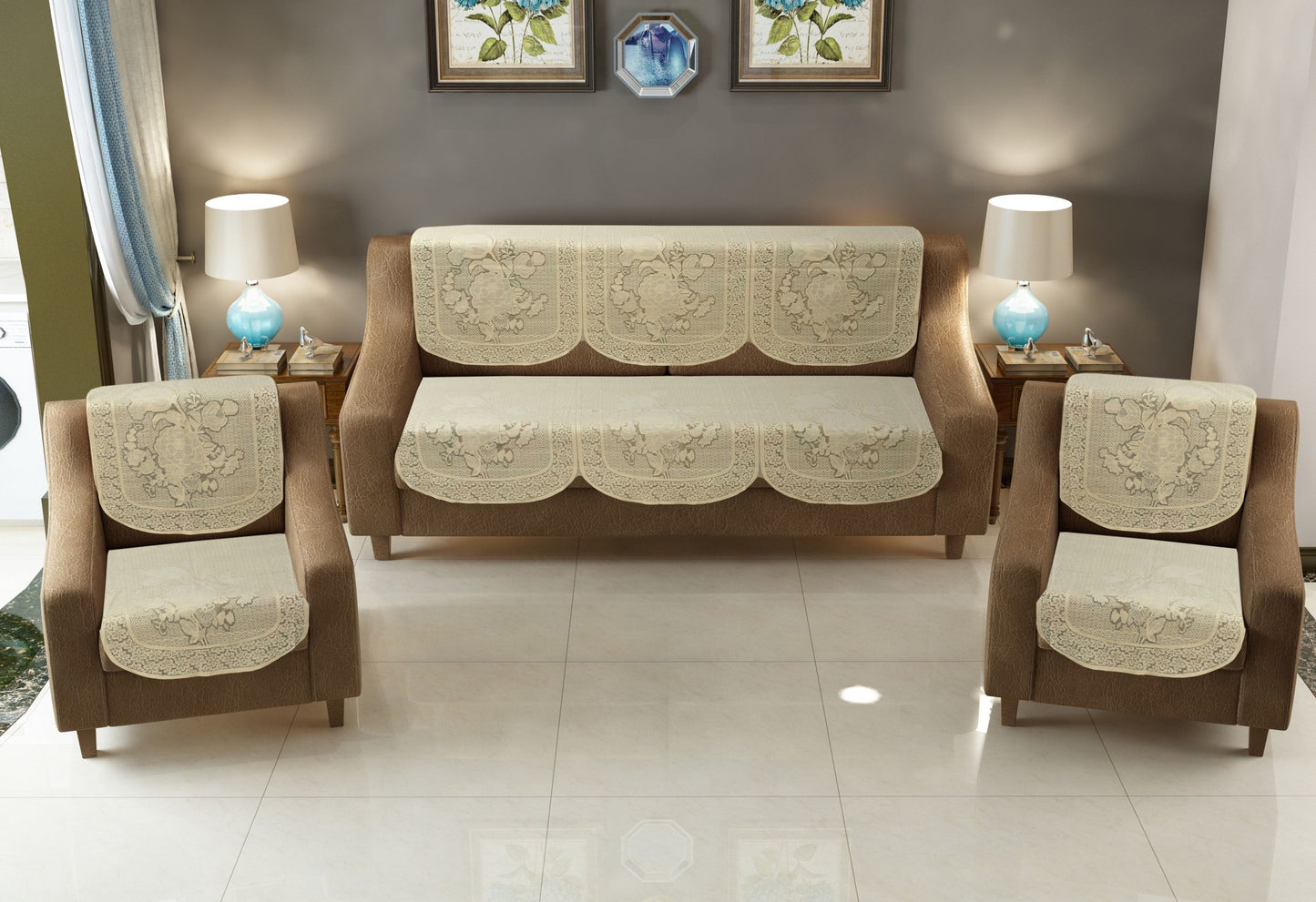 Bigger Fish Poly Cotton Net Fabric 5 Seater Sofa Cover - 10 Pieces (Cream)