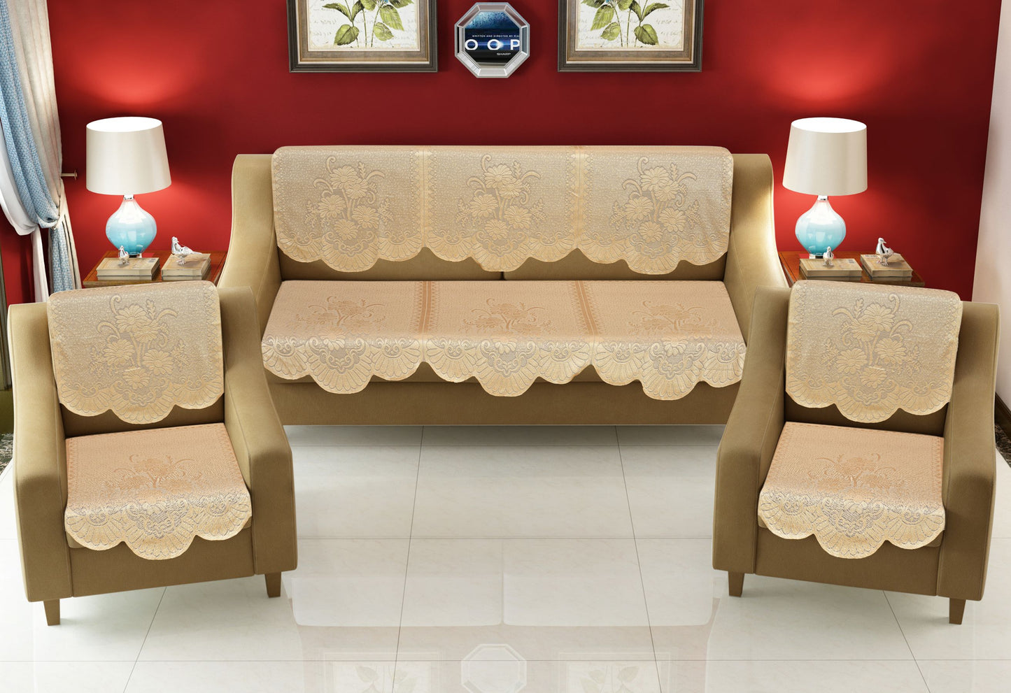 Bigger Fish Poly Cotton Net Fabric 5 Seater Sofa Cover - 10 Pieces (Fown)