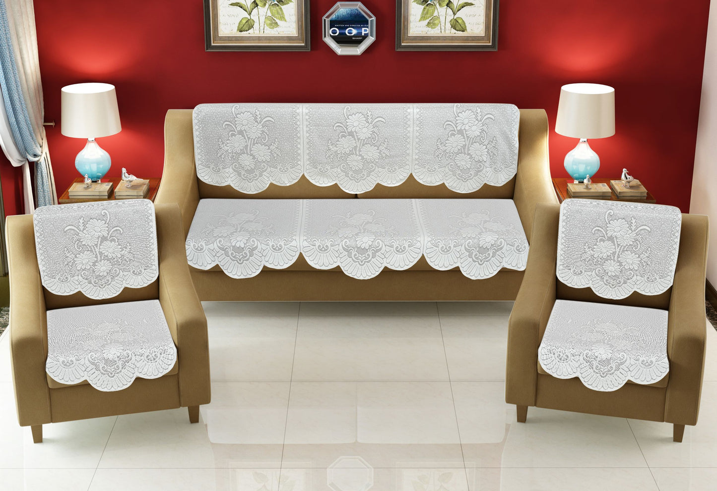 Bigger Fish Poly Cotton Net Fabric 5 Seater Sofa Cover - 10 Pieces (White)