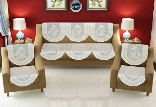 Bigger Fish Poly Cotton Net Fabric 5 Seater Sofa Cover - 10 Pieces (Cream)