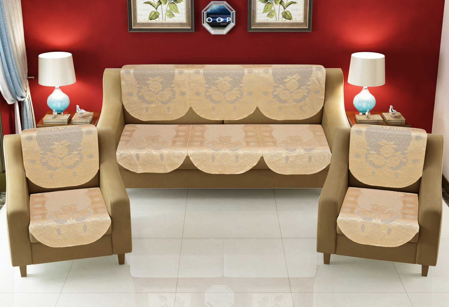 Bigger Fish Poly Cotton Net Fabric 5 Seater Sofa Cover - 10 Pieces (Fown)