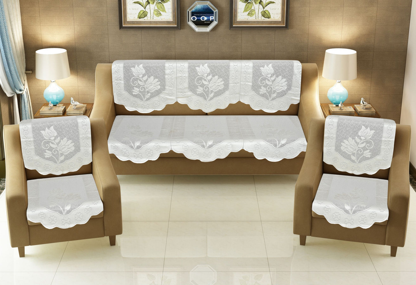 Bigger Fish Poly Cotton Net Fabric 5 Seater Sofa Cover - 10 Pieces (White)