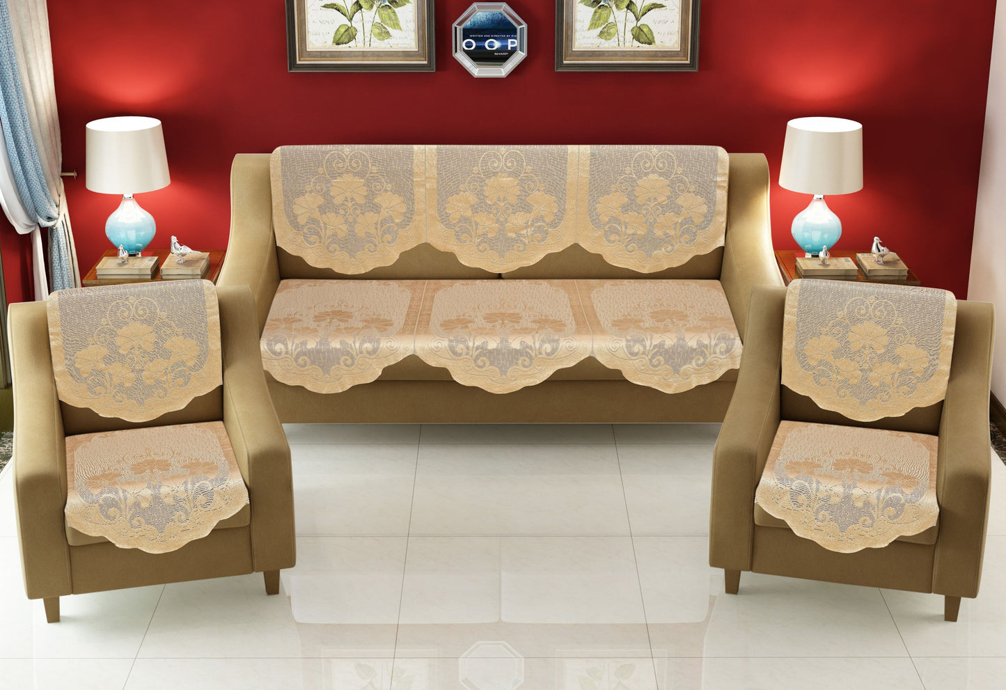 Bigger Fish Poly Cotton Net Fabric 5 Seater Sofa Cover - 10 Pieces (Fown)