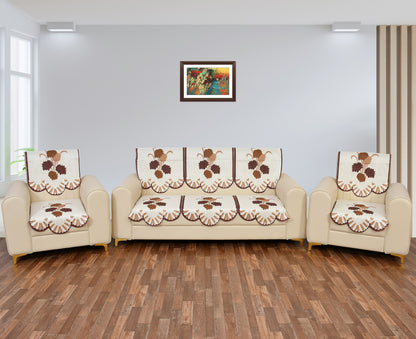 Bigger Fish Cotton Net Fabric Floral 5 Seater Sofa Cover 10 Pieces with 40x60 Center Table Cover (Brown)