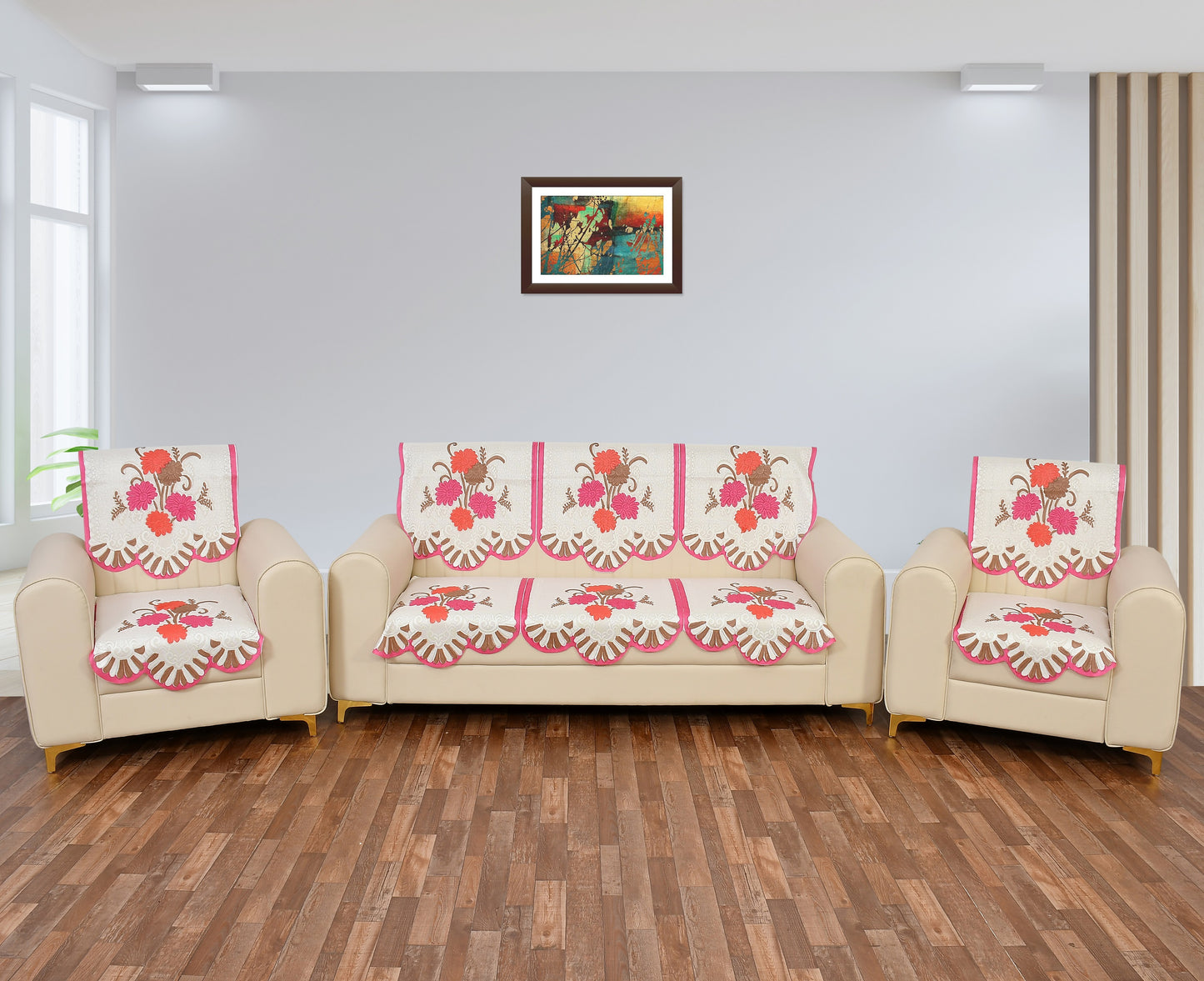Bigger Fish Cotton Net Fabric Floral 5 Seater Sofa Cover 10 Pieces with 40x60 Center Table Cover (Pink)