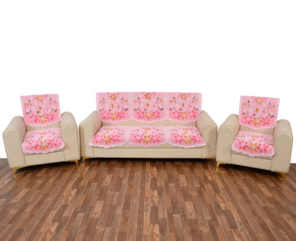 Bigger Fish Poly Cotton Net Fabric 5 Seater Sofa Cover - 10 Pieces (Pink)
