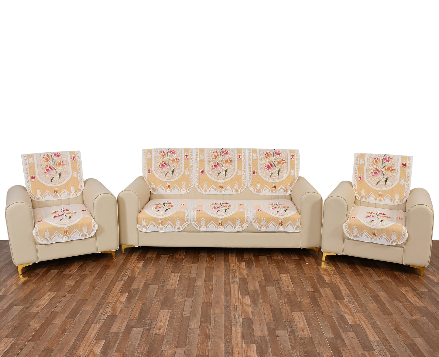 Bigger Fish Poly Cotton Net Fabric 5 Seater Sofa Cover - 10 Pieces (Cream)
