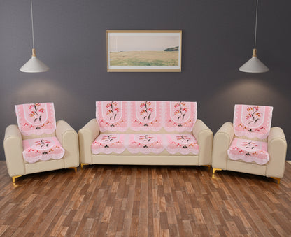 Bigger Fish Poly Cotton Net Fabric 5 Seater Sofa Cover - 10 Pieces (Pink)