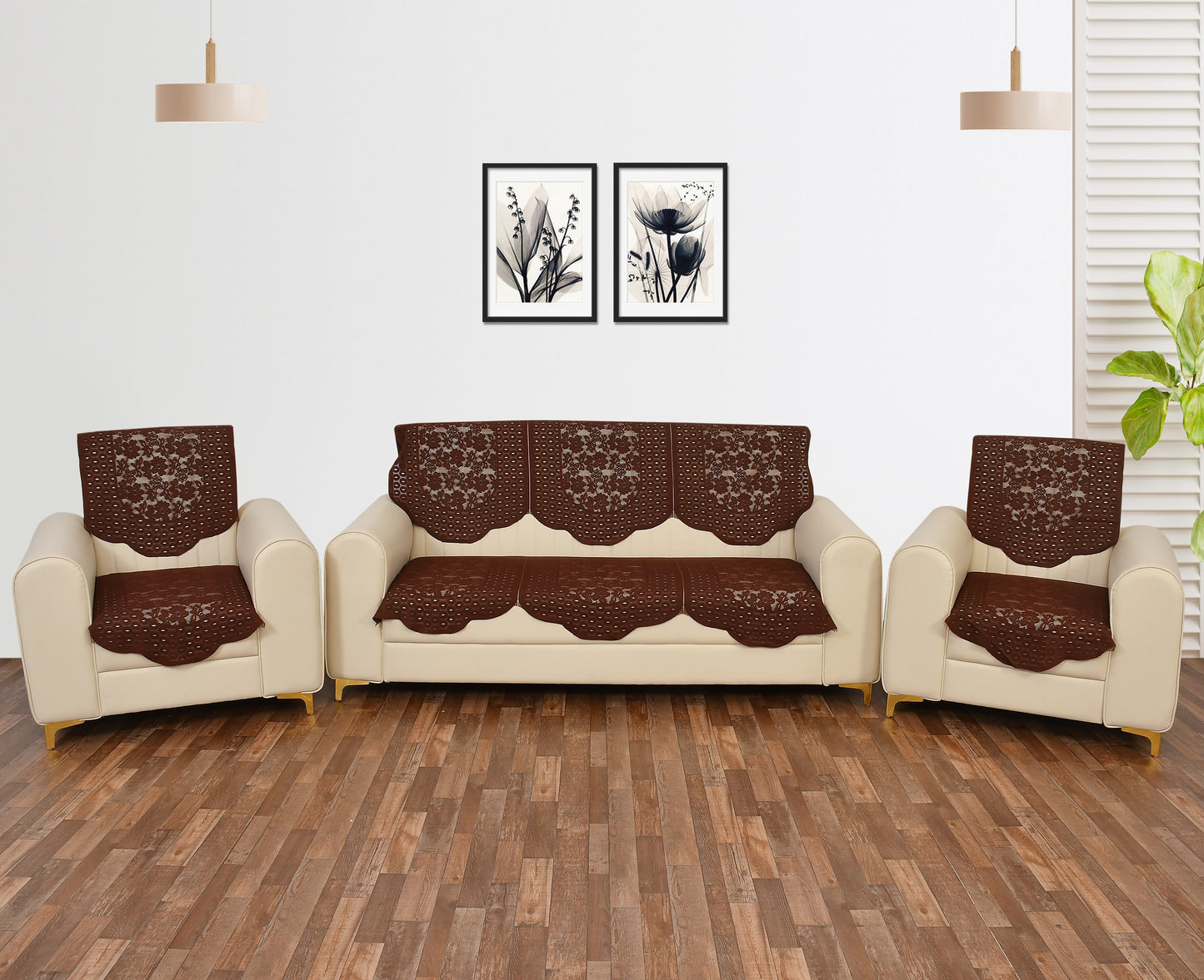 Bigger Fish Poly Cotton Net Fabric 5 Seater Sofa Cover - 10 Pieces (Brown)