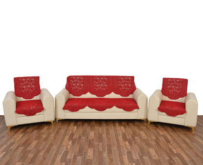 Bigger Fish Poly Cotton Net Fabric 5 Seater Sofa Cover - 10 Pieces (Maroon)