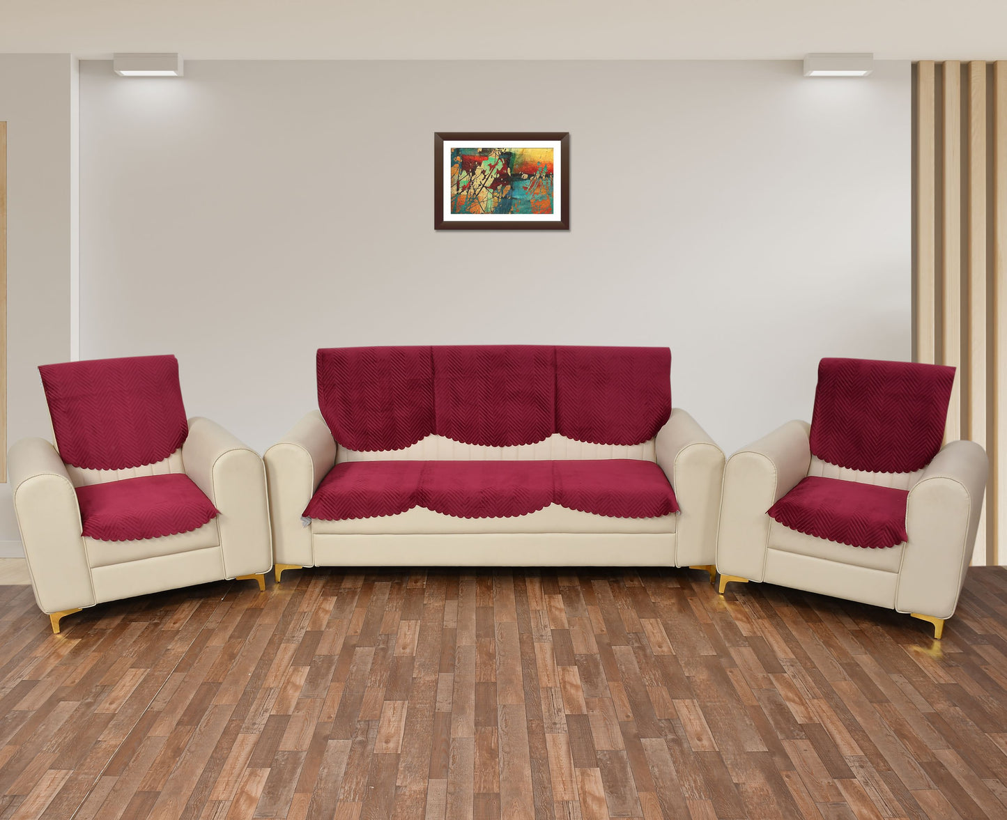 Bigger Fish Velvet Quilted 5 Seater Sofa Cover - 10 Pieces (Maroon)