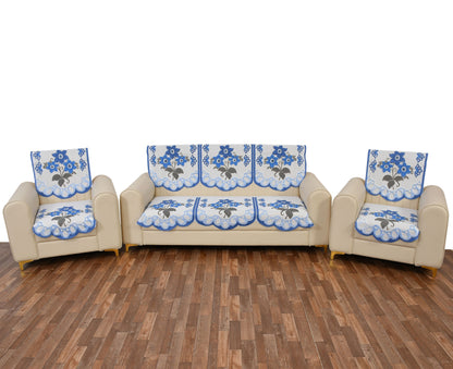 Bigger Fish Poly Cotton Net Fabric 5 Seater Sofa Cover - 10 Pieces (Blue)