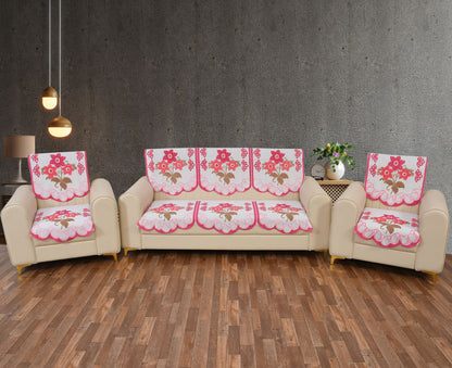 Bigger Fish Poly Cotton Net Fabric 5 Seater Sofa Cover - 10 Pieces (Pink)